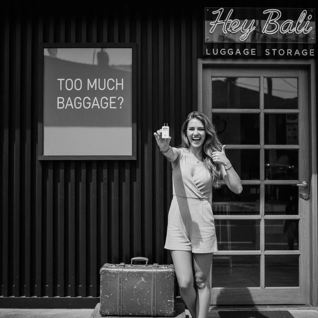 Happy woman holding the correct plug adapter for the Bali wall socket, posing with her vintage suitcase outside a Hey Bali location.