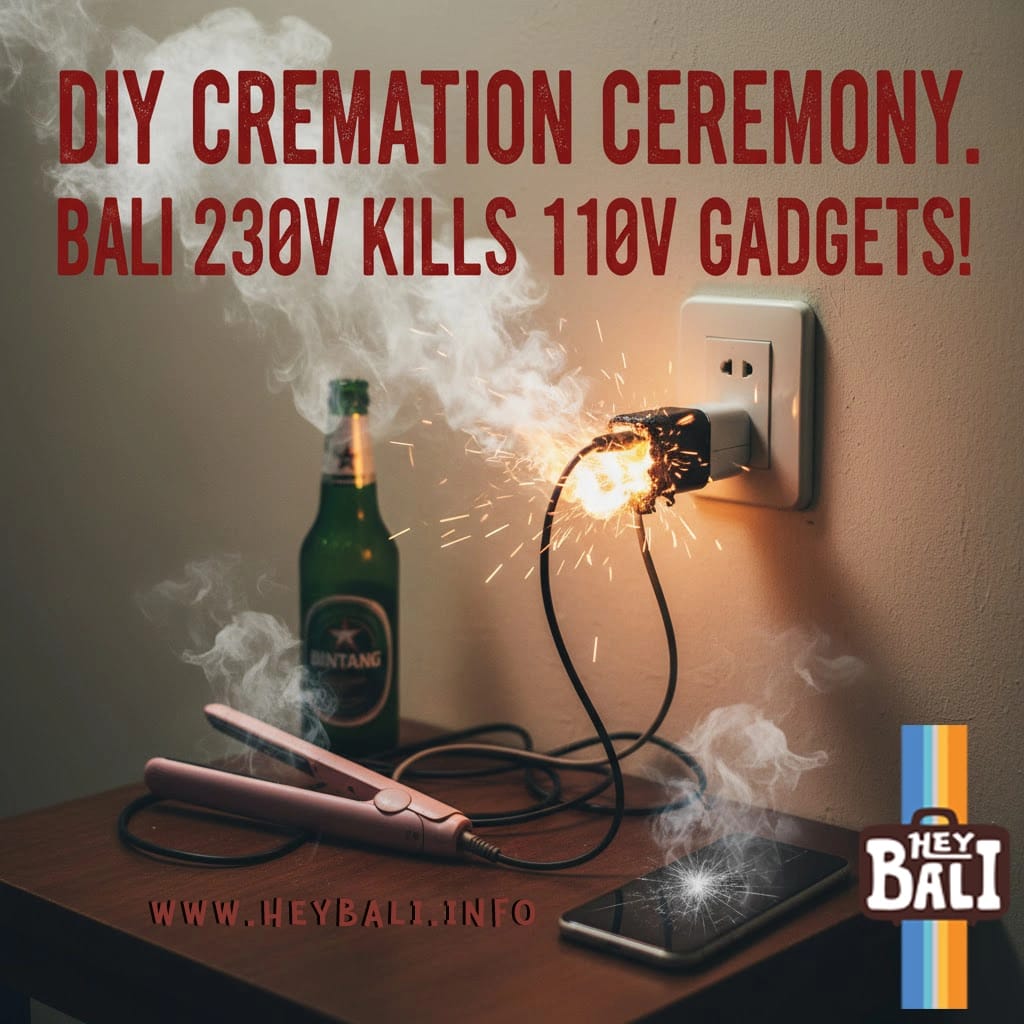Best adapter to buy for Bali – example of a 110V device burning in a 230V Bali socket, showing why travelers need a dual-voltage or surge-protected adapter.