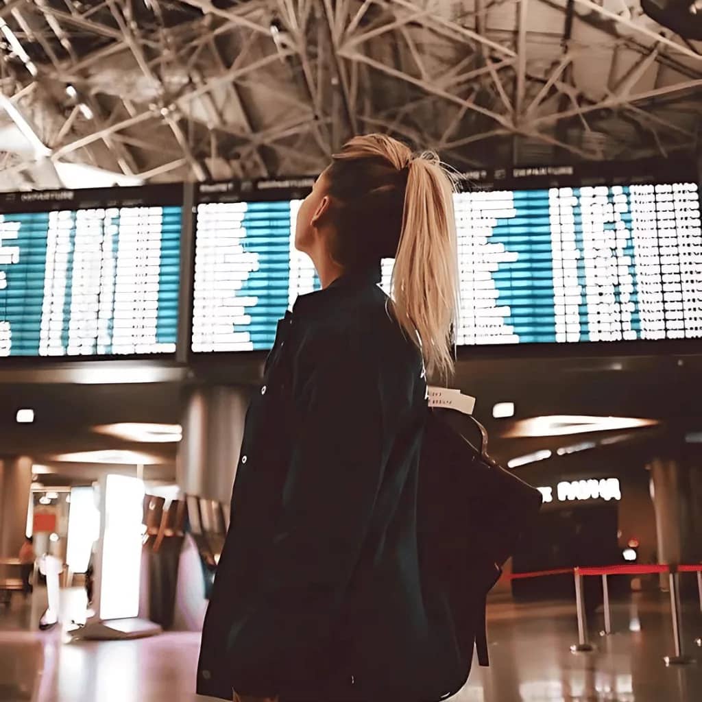 photo of a woman at an airport looking at the plane departure schedule board