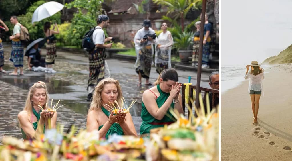 A split image contrasting two different Bali experiences. The left side shows a cultural and spiritual scene in Ubud, featuring several people, including three women in green sarongs, performing a Hindu Balinese purification ritual (Melukat) in a temple courtyard. The right side shows a woman wearing a white sun hat and a sheer white top walking along a deserted sandy beach, facing away from the camera, representing the secluded coastal side of Bali.