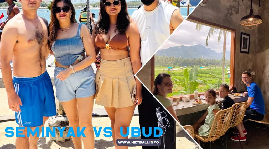 A split image contrasting two Bali scenes. The left side shows a group of four friends posing on a beach with the ocean in the background, all dressed in casual or beach attire. The right side shows a family of four enjoying a meal at a cafe with a large window overlooking lush green rice fields and tropical mountains.