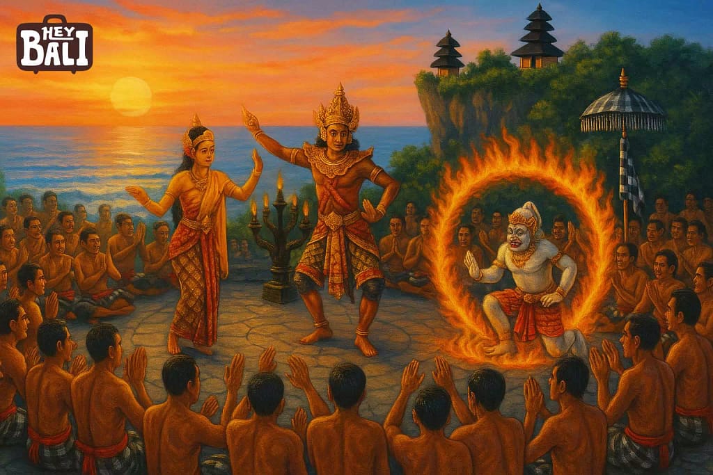 Illustration of Kecak Uluwatu Performance created by Hey Bali that depicts kecak performance in uluwatu in a beautiful sketch.
