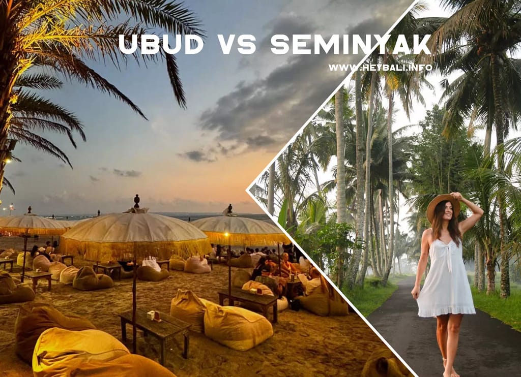 "A diagonally split comparison image labeled 'UBUD VS SEMINYAK.' The left side represents Seminyak, showing a sunset beach scene with large white umbrellas and numerous tan bean bag chairs set up on the sand, with palm trees framing the sky. The right side represents Ubud, featuring a woman in a white dress and a sun hat walking down a path surrounded by tall, lush palm trees, suggesting a tranquil, natural environment."