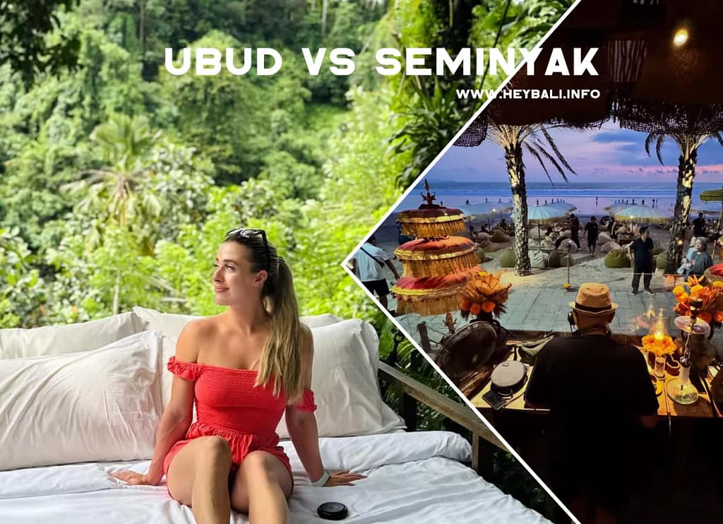 A diagonally split comparison image labeled "UBUD VS SEMINYAK." The left side shows a woman in a red outfit sitting on an outdoor daybed surrounded by lush green tropical jungle, representing the peaceful, nature-focused atmosphere of Ubud. The right side shows a sunset beach club scene in Seminyak, with a DJ wearing headphones and a hat, colorful beach umbrellas, and people lounging on bean bags, representing the vibrant nightlife.