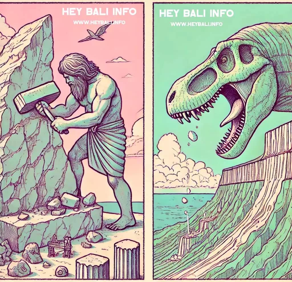 Pastel-colored sketch illustration of a mythical Balinese giant chiseling a cliff into a T-Rex shape, contrasted with a scientific depiction of natural limestone erosion over millions of years