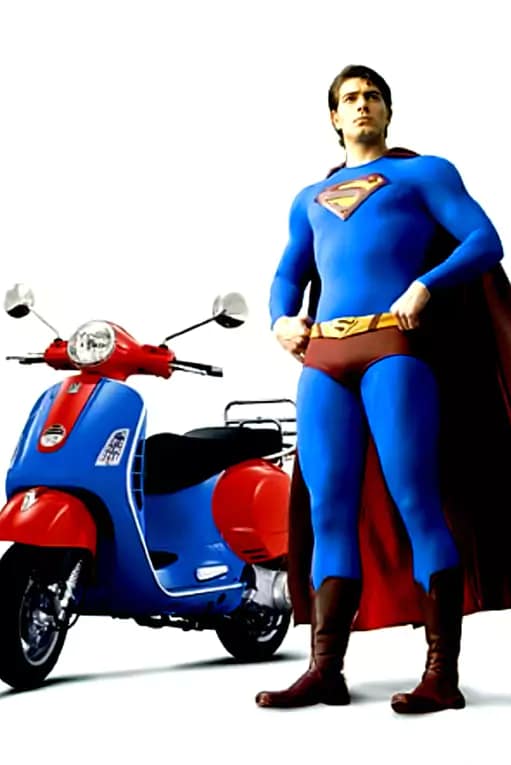 "Superman posing heroically beside a scooter in Bali - metaphor for scooter rental being the ultimate travel superpower" -  Rent Scooter In Bali