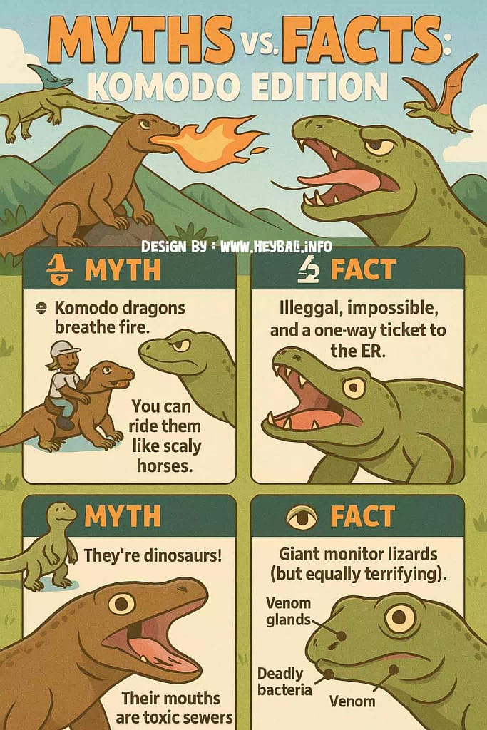 Fun infografis comparing myths and facts about Komodo Islands, featuring Komodo dragons, travel tips, and funny misconceptions, designed by Hey BaliFun infografis comparing myths and facts about Komodo Islands, featuring Komodo dragons, travel tips, and funny misconceptions, designed by Hey Bali