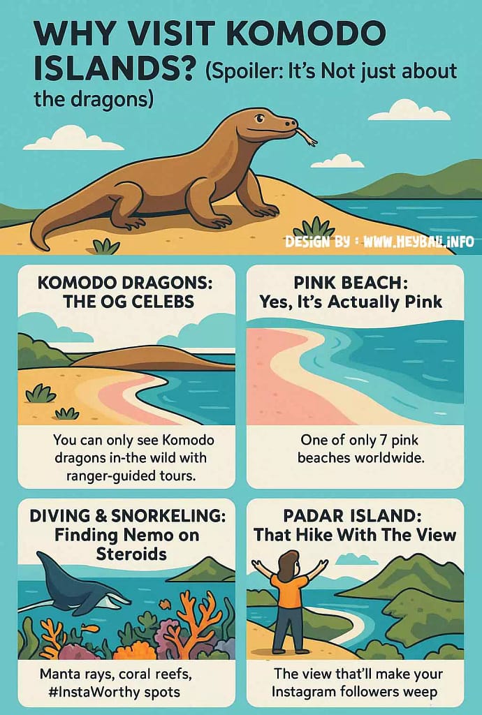 Colorful travel infografis about why visit Komodo Islands, highlighting Komodo dragons, pink beaches, and snorkeling, designed by Hey Bali