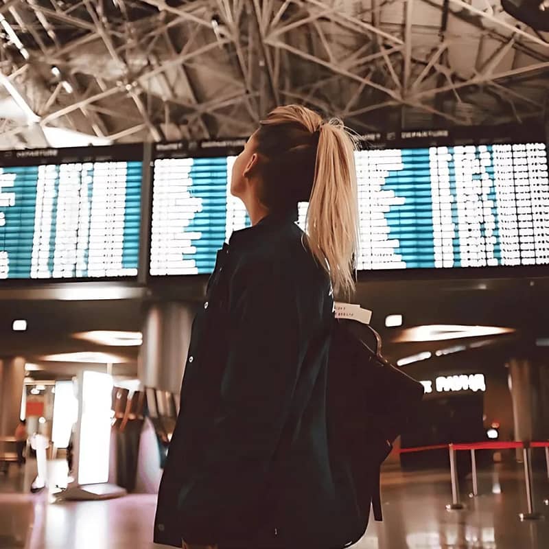 photo of a woman at an airport looking at the plane departure schedule board