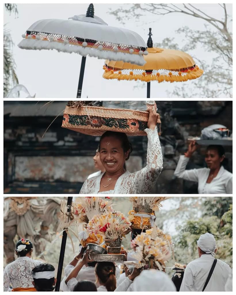 A three-panel collage showing Balinese community members actively participating in a religious ceremony: (Top) Two traditional ceremonial umbrellas (payung) in white and yellow; (Middle) A smiling Balinese woman in a white lace kebaya gracefully balancing offerings in a woven basket on her head; (Bottom) People dressed in white carrying elaborate ritual structures. Alt: Is Bali overrated? No, when you trade spectating for respectful participation and appreciate the joy and devotion in Balinese community life and cultural ceremonies.