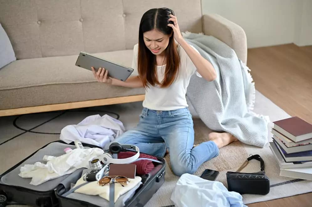 Strees Woman With Luggage before Traveling to Bali