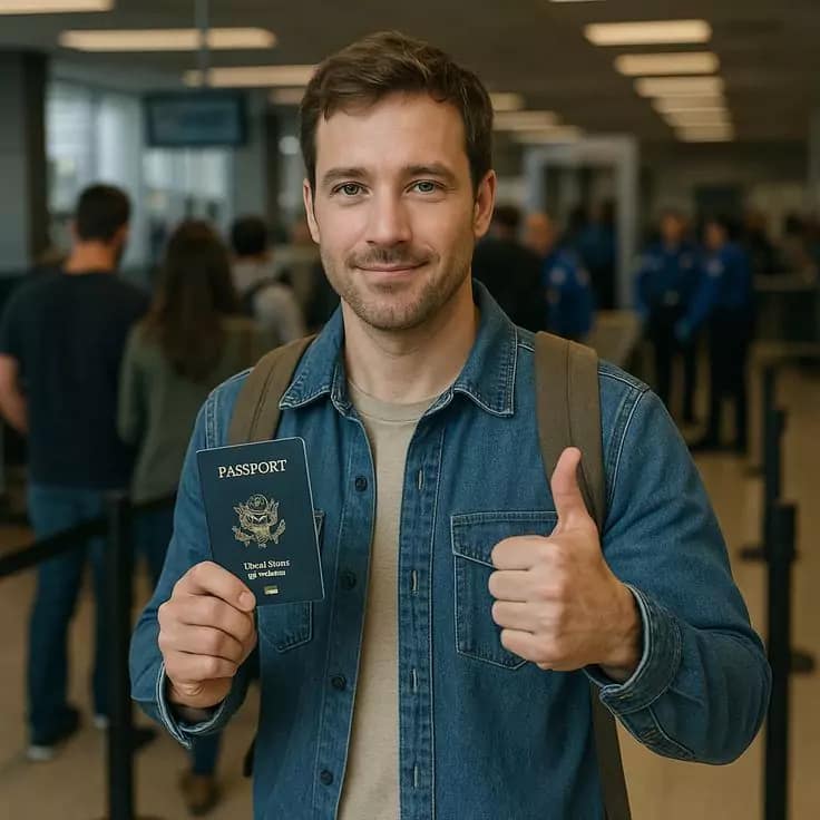 A traveler at Bali Airport looks happy to show his passport to the camera.
