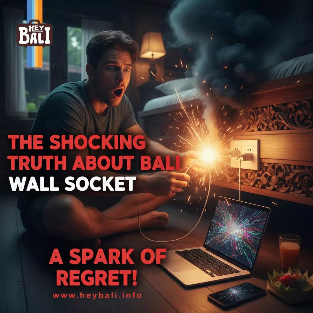 A shocked male traveler reacts as a major electrical spark and smoke erupt from a Bali wall socket after he plugged in a non-compatible adapter, illustrating 'The Shocking Truth About Bali Wall Socket' and the dangers of improper voltage or plug types.