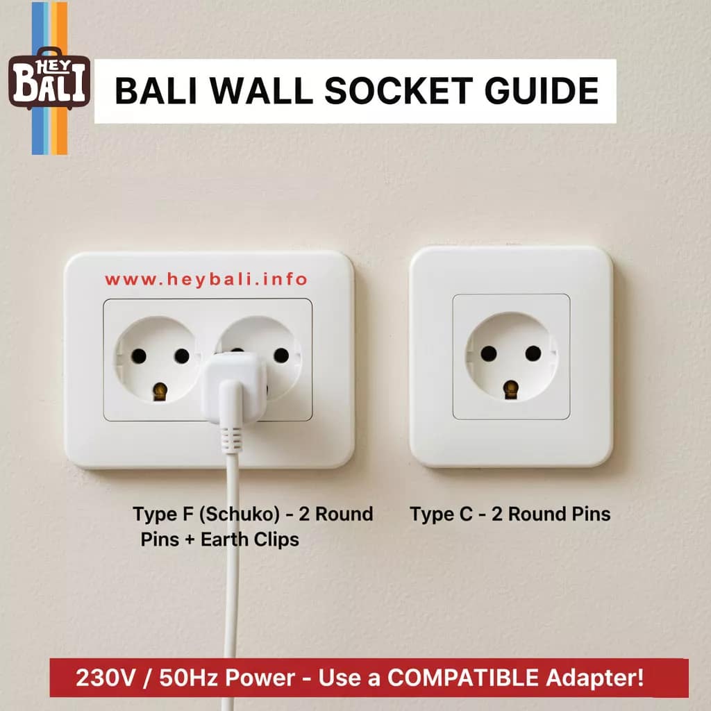 Infographic showing the two main types of Bali wall socket: Type F (Schuko) with two round pins and earth clips, and Type C with two round pins. The guide explicitly mentions the 230V / 50Hz power and the need for a compatible adapter.