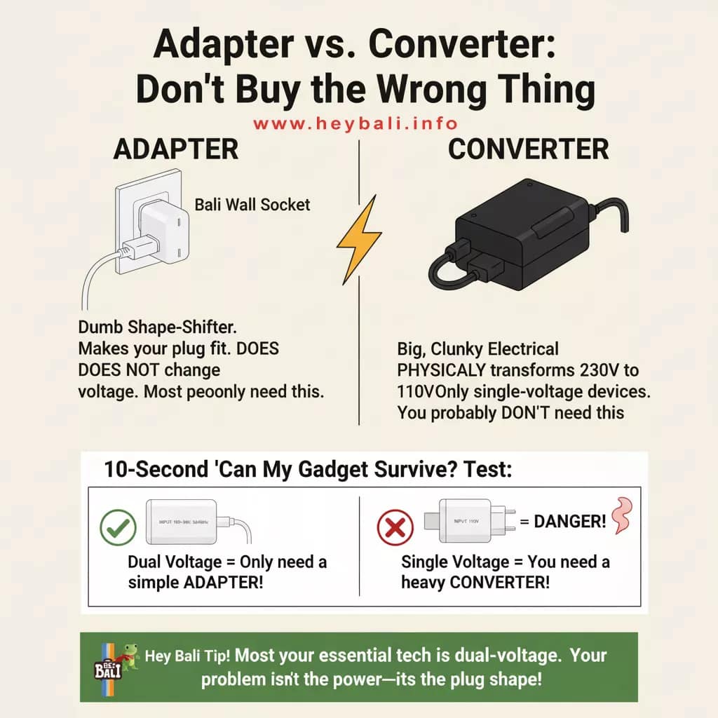 Infographic explaining the difference between an ADAPTER, which makes your plug fit the Bali wall socket, and a CONVERTER, which transforms 230V to 110V. It includes a 10-Second Test for checking device voltage (Dual Voltage vs. Single Voltage) to ensure gadget safety in Bali.