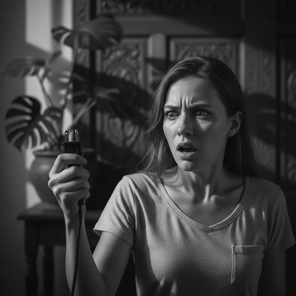 Artistic, dramatic black and white photo of a woman with a horrified expression holding a US Type A plug, illustrating the common mistake of arriving in Bali without the correct adapter for the Bali wall socket.